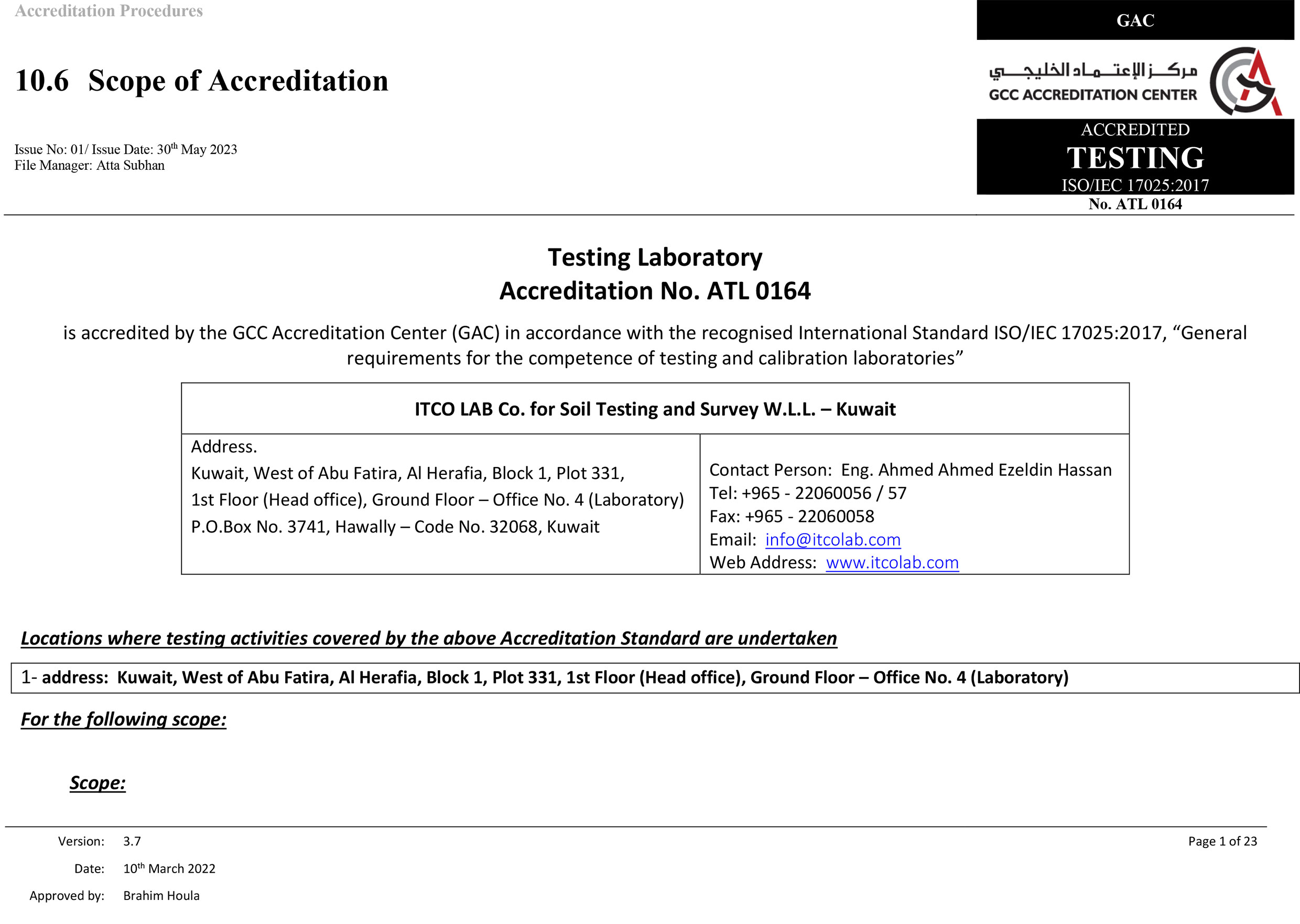 Scope of Accreditation 